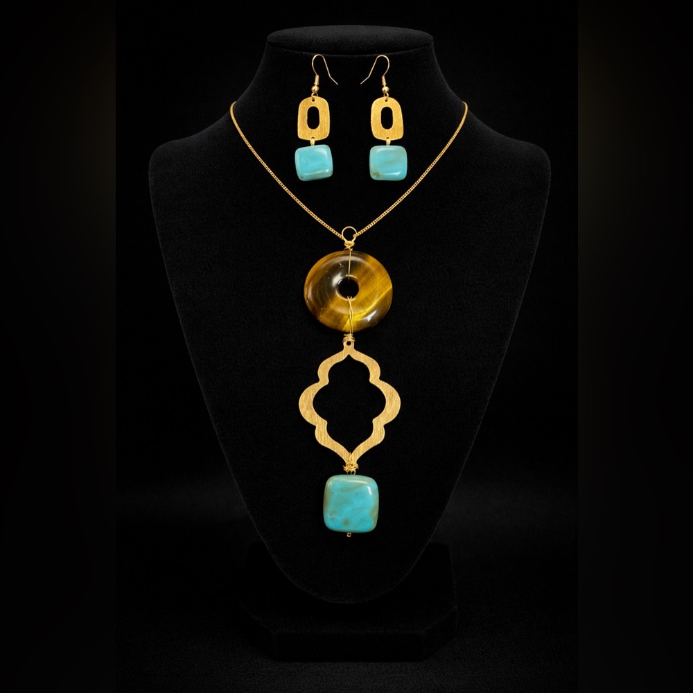 Tiger eye, Gold and Turquoise Pendant Necklace and Earring Set